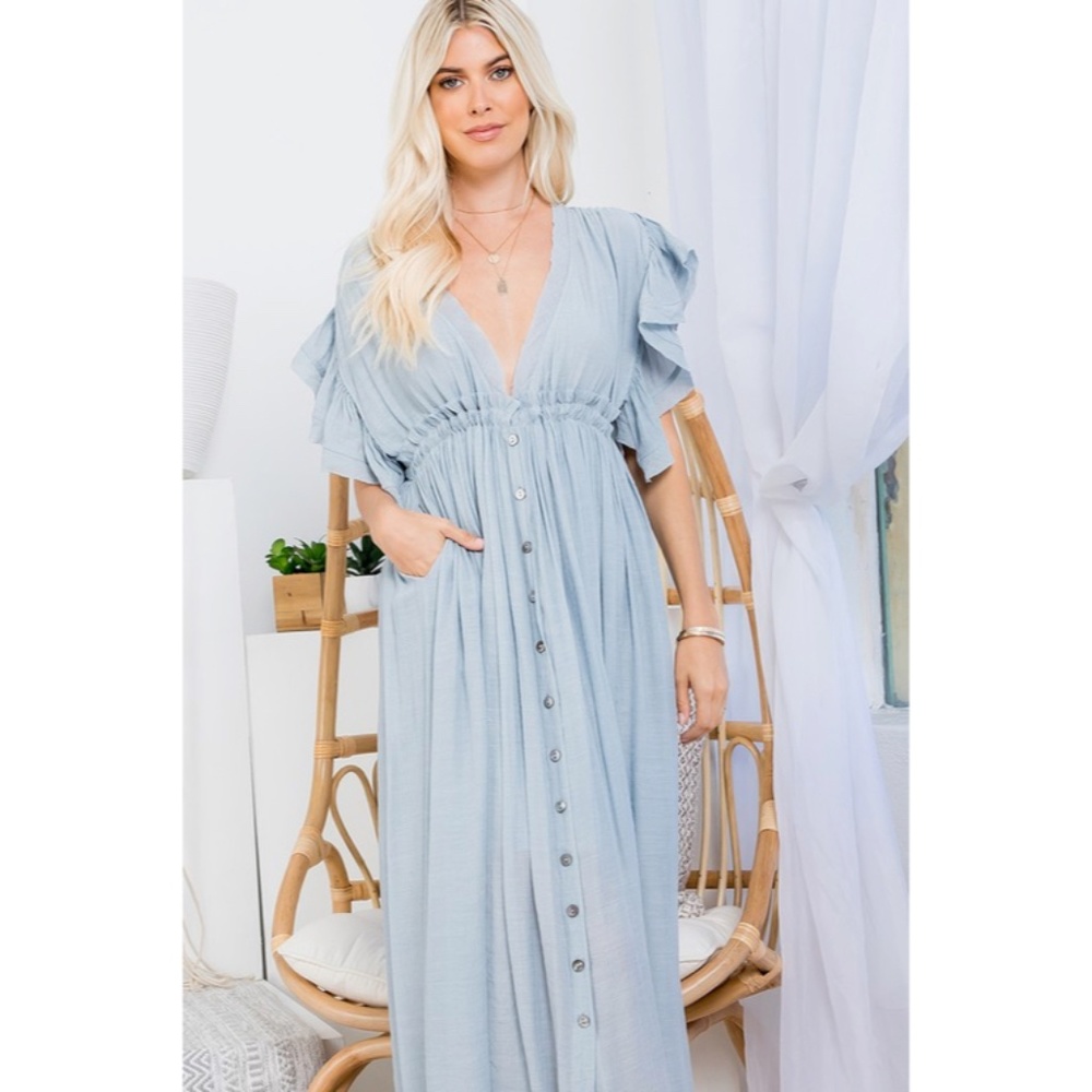 SOLD OUT Misty Blue Gauze Boho Button Short Slv Deep V Woven Gathered Maxi - Picture 5 of 7